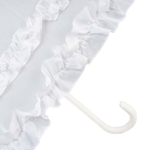 White wedding umbrella with double frilled design and curved handle.