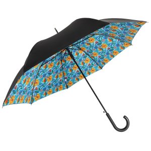 Colourful floral umbrella with black canopy and curved handle.