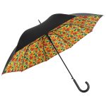 Colourful floral patterned umbrella with black canopy and curved handle.