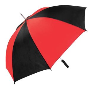 Red and black golf umbrella for rain protection and style.