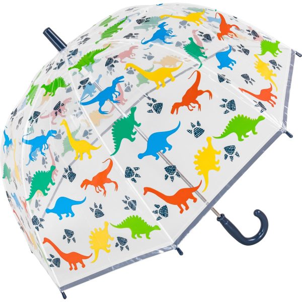 Colourful dinosaur-themed children's umbrella with clear dome design.