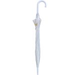 Clear umbrella with white handle and canopy, compact and portable.