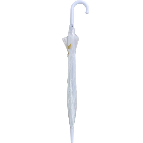 Clear umbrella with white handle and canopy, compact and portable.
