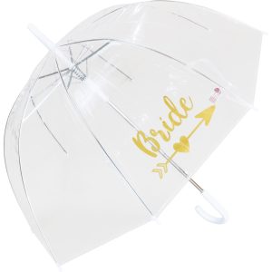 Clear umbrella with gold 'Bride' text and arrow design for weddings.