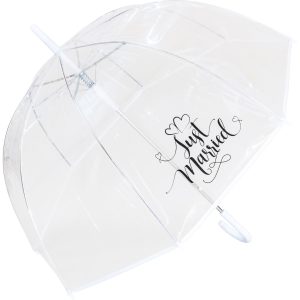 Clear wedding umbrella with 'Just Married' text and hearts for wedding day.