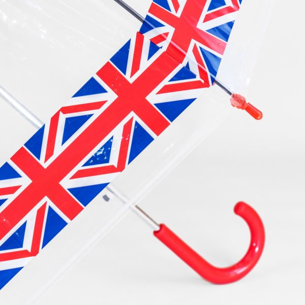 Union Jack border dome umbrella with red handle and clear canopy.
