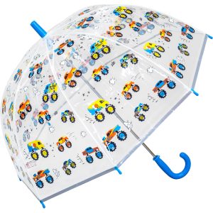 Childrens monster truck umbrella with colourful trucks and clouds design.