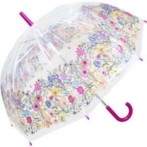 Clear umbrella with colourful floral print and pink handle.