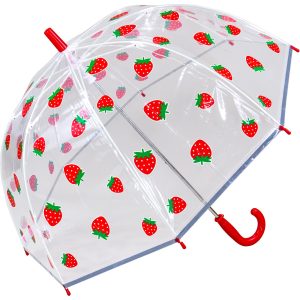 Clear umbrella with red strawberries print, perfect for kids.