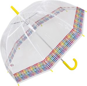 Clear dome umbrella with colourful check border and yellow handle.