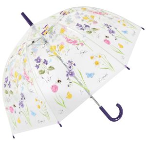 Clear umbrella with colourful floral and fauna print, perfect for spring rain.