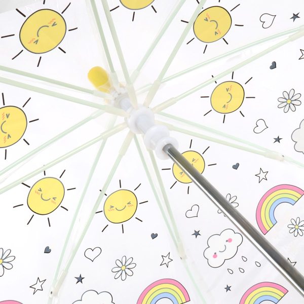 Kids umbrella with rainbow and sun print, clear dome design, perfect for children.