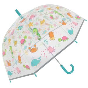 Clear children's umbrella with colourful sea creatures and marine life design.