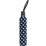 Compact polka dot umbrella with automatic open and close feature.