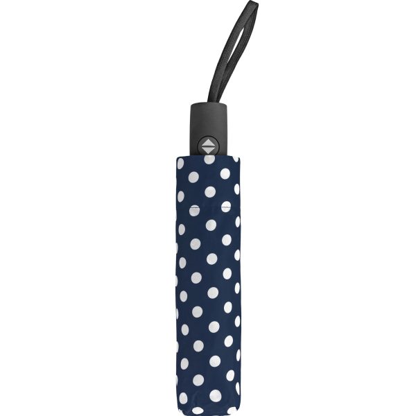 Compact polka dot umbrella with automatic open and close feature.
