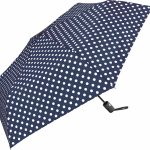 Navy blue polka dot automatic umbrella with black handle.