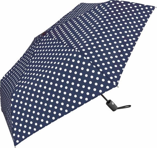 Navy blue polka dot automatic umbrella with black handle.