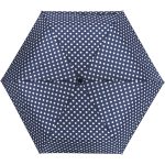 Polka dot automatic umbrella with navy blue and white dots.