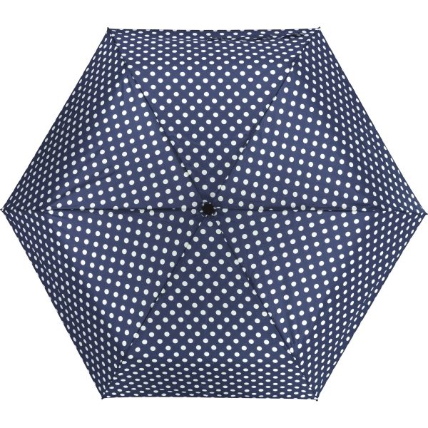 Polka dot automatic umbrella with navy blue and white dots.