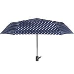 Navy blue polka dot automatic umbrella with black handle.