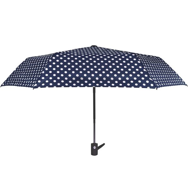 Navy blue polka dot automatic umbrella with black handle.