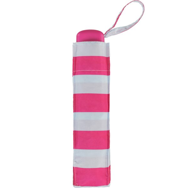 Pink and white striped umbrella case with a pink umbrella inside.