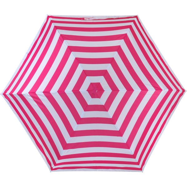 Pink and white striped umbrella for sun protection.