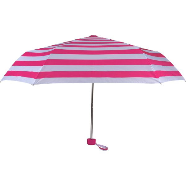 Pink and white striped umbrella for sun protection.
