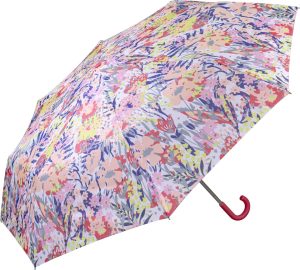 Colourful floral umbrella with curved handle for rain protection.