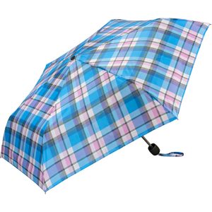 Blue tartan print umbrella with compact design and strap for easy carrying.