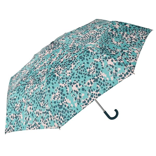Leopard print umbrella with a curved handle for stylish rain protection.