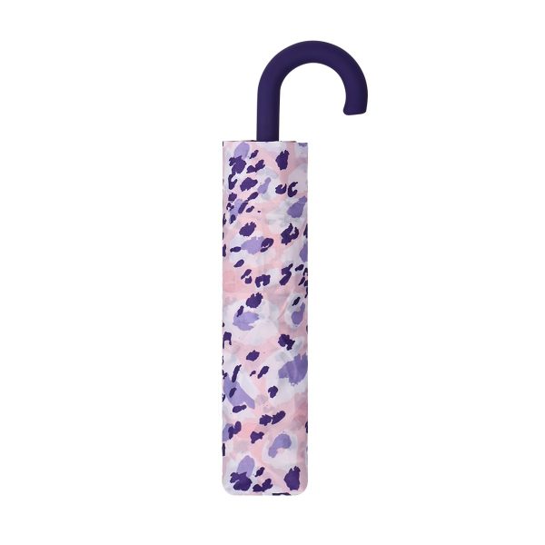 Leopard print umbrella with purple handle for stylish rain protection.