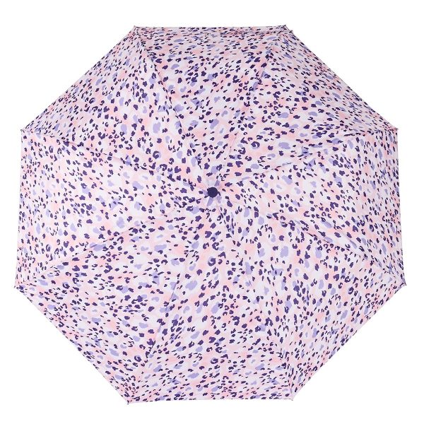 Leopard print umbrella with pink and purple spots for stylish protection.