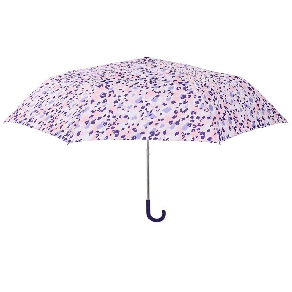 Leopard print umbrella with a curved handle for stylish rain protection.