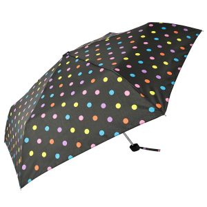 Colourful polka dot umbrella with black background for children.