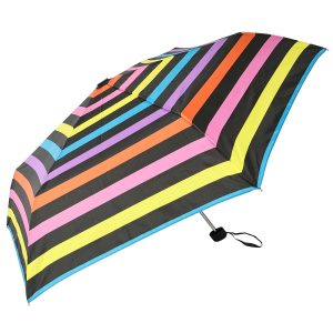 Vibrant striped umbrella with black background, perfect for rain protection.