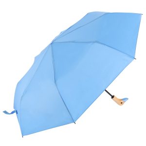 Light blue umbrella with wooden handle, compact and portable design.