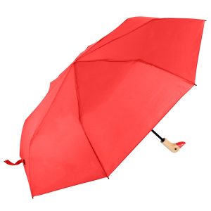 Red umbrella with wooden duck handle for rain protection.