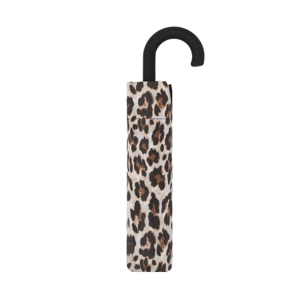 Leopard print umbrella with black curved handle for stylish rain protection.
