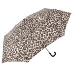 Leopard print umbrella with curved handle for stylish protection.