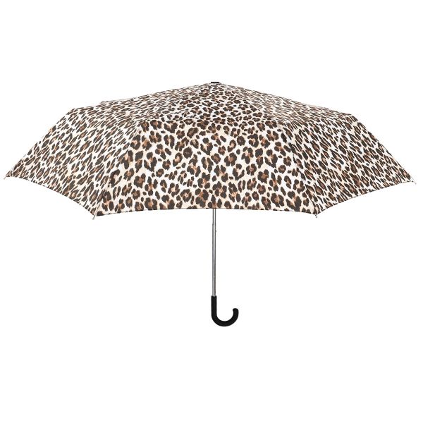 Leopard print umbrella with a curved black handle for stylish protection.