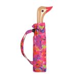 Colourful duck head umbrella with floral fabric cover for rain protection.