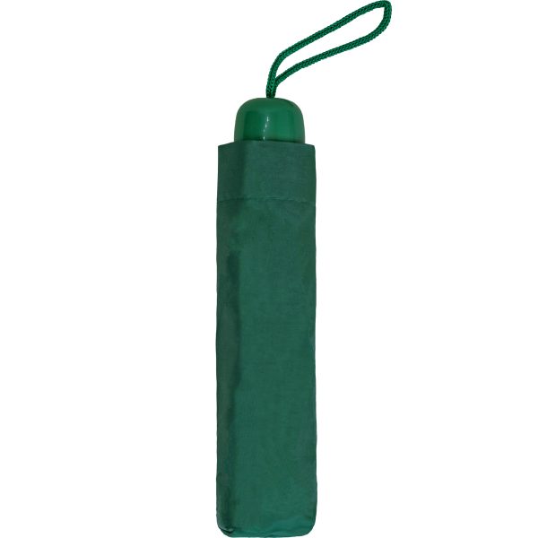 Small green compact umbrella with wrist strap for easy carrying.
