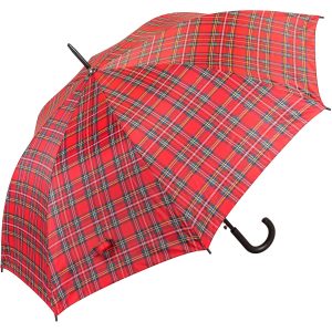 Red tartan unisex walking umbrella with curved handle.