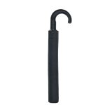 Black compact umbrella with curved handle and protective cover.