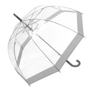 Clear dome umbrella with coloured border, compact and portable design.