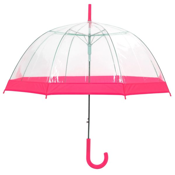 Pink and clear dome umbrella with J-shaped handle for rain protection.