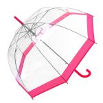 Clear dome umbrella with pink border and handle, compact and stylish design.