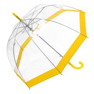 Yellow and clear dome umbrella with curved handle for weather protection.