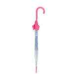 Pink children's umbrella with a curved handle and transparent canopy.